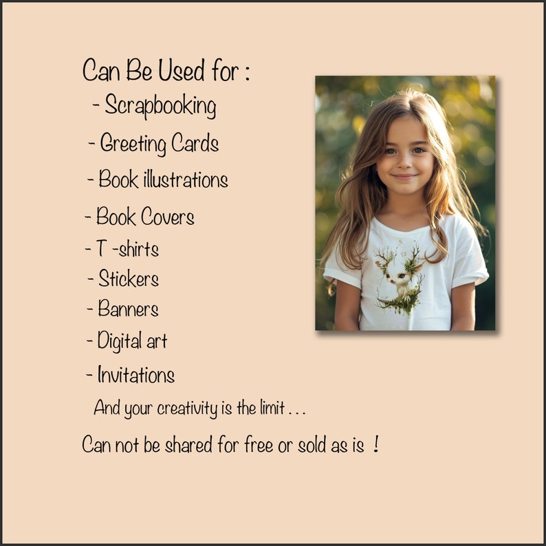 May include: A young girl with long brown hair is wearing a white t-shirt with a small deer graphic. The text on the image reads "Can Be Used for: - Scrapbooking - Greeting Cards - Book illustrations - Book Covers - T-shirts - Stickers - Banners - Digital art - Invitations And your creativity is the limit... Can not be shared for free or sold as is!"