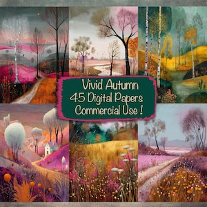 May include: A collection of six landscape illustrations featuring trees, rolling hills, and paths in autumn colors of pink, orange, yellow, and green. A dark green rectangular label in the center displays the text Vivid Autumn 45 Digital Papers Commercial Use !