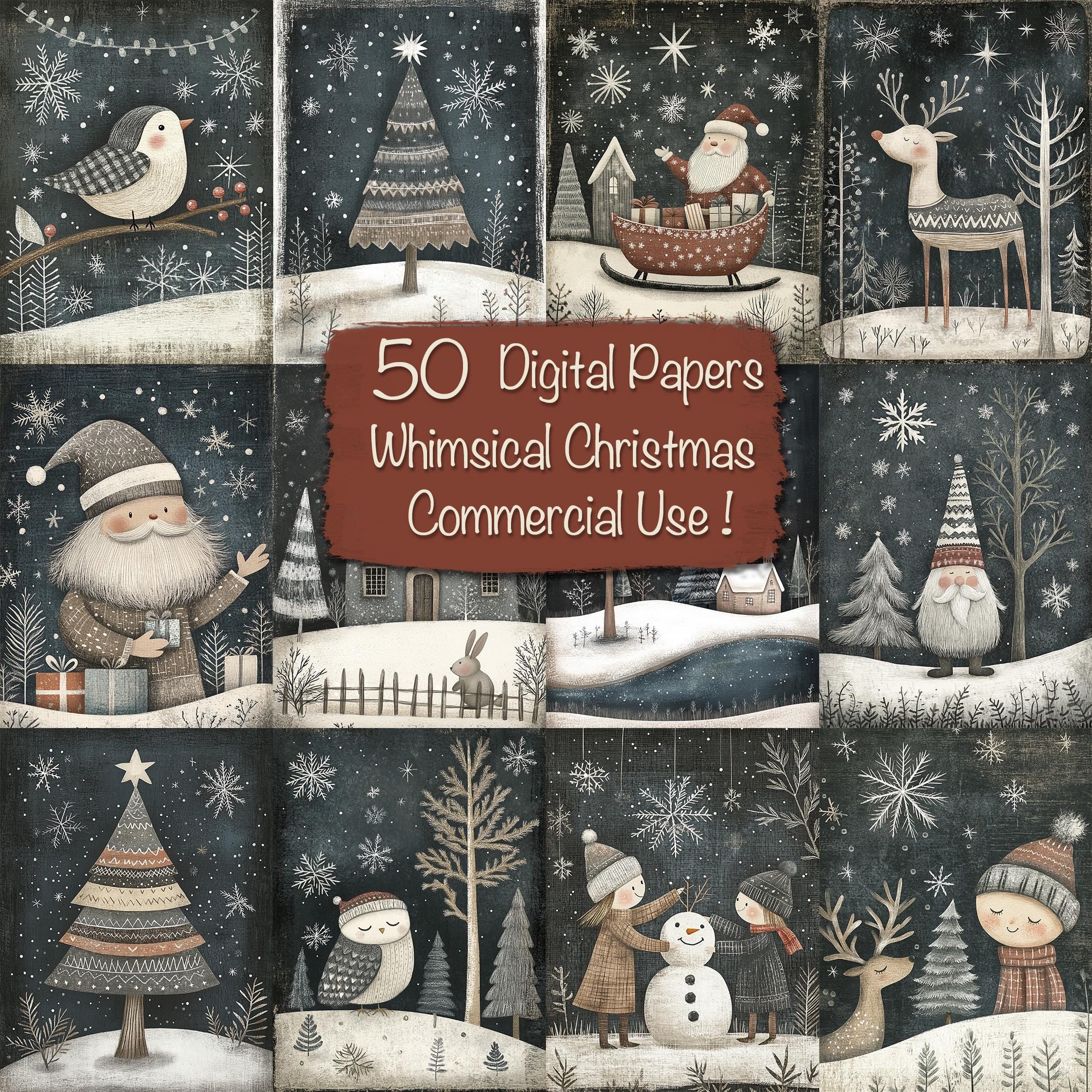 50 Whimsical Christmas Digital Papers, Cards Making, Junk Journal Papers, Scrapbooking Supplies, Commercial use!