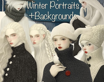 80 Png Winter People Portraits  Bundle + 23 Backgrounds, DIY, Cards, Junk Journal kit, Scrapbooking Supplies, Commercial use!