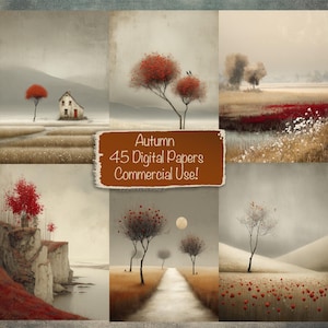 May include: A collection of six digital art prints featuring autumnal landscapes. Each print showcases trees with vibrant red foliage, fields, and a house. The prints have a muted color palette with a brown banner that reads "Autumn 45 Digital Papers Commercial Use!"