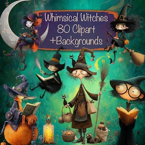 Op de afbeelding: Digitale illustratie van grillige heksen met hoeden, bezems en zwarte katten. De afbeelding bevat de tekst "Whimsical Witches 80 Clipart + Backgrounds" op een paarse banner. Het kunstwerk heeft een fantasiethema met een turquoise achtergrond.