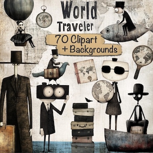 75 png grillige wereldreizigerbundel + 15 achtergronden - DIY, kaarten maken, junk Journal Kit, benodigdheden voor scrapbooking, commercieel gebruik!