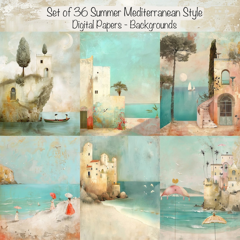 K&ouml;nnte beinhalten: Eine Collage digitaler Papiere im mediterranen Stil. Die Kunstwerke zeigen K&uuml;stenszenen mit Geb&auml;uden, Booten und Personen mit Sonnenschirmen. Die Farbpalette umfasst Blau-, Beige- und Korallt&ouml;ne, die eine sommerliche Atmosph&auml;re erzeugen. Der Text oben lautet "Set of 36 Summer Mediterranean Style Digital Papers - Backgrounds."