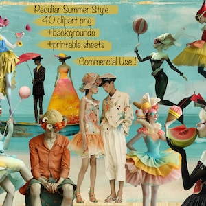Set di 40 clipart PNG di personaggi particolari dell'estate, per biglietti, diari, album, libri, collage, fogli stampabili, uso commerciale!
