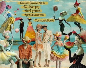Set von 40 eigenartigen Sommer schrulligen Leuten Clipart PNG, für Karten, Junk Journal, Scrapbook, Buch, Collage, Druckbare Blätter, kommerzielle Nutzung!