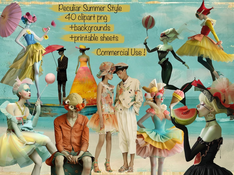 May include: A digital illustration of a summer scene with various characters wearing colourful clothing and hats. The characters are standing in front of a blue and green background with a beach scene. The text "Peculiar Summer Style" is at the top of the image. The text "40 clipart png +backgrounds +printable sheets" is below the title. The text "Commercial Use!" is in the centre of the image.