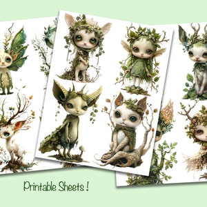 May include: Printable sheets of whimsical illustrations featuring eight different woodland creatures with intricate details. Each creature is adorned with leaves, flowers, and branches, creating a magical and enchanting aesthetic.