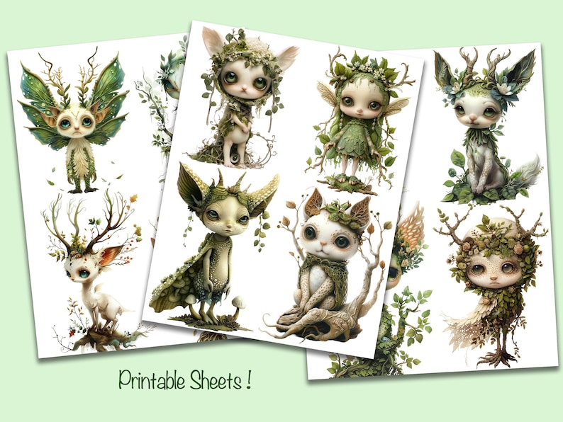 May include: Printable sheets of whimsical illustrations featuring eight different woodland creatures with intricate details. Each creature is adorned with leaves, flowers, and branches, creating a magical and enchanting aesthetic.