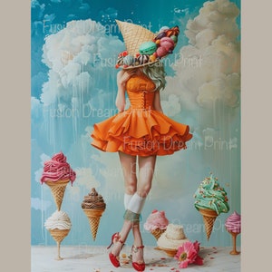May include: A woman wearing an orange dress with a cone-shaped hat topped with various ice cream treats. The background is a blue sky with white clouds. There are five ice cream cones in the scene, each with a different flavour.
