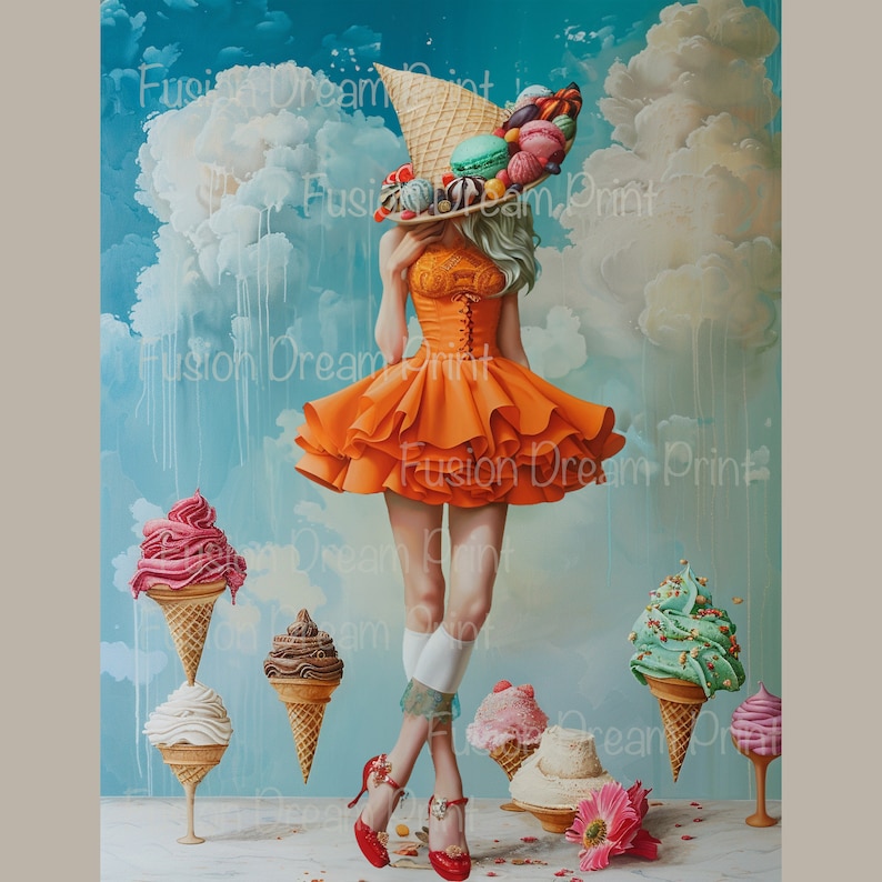 May include: A woman wearing an orange dress with a cone-shaped hat topped with various ice cream treats. The background is a blue sky with white clouds. There are five ice cream cones in the scene, each with a different flavour.