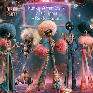 Funky Disco Characters 70 Clipart + 15 Backgrounds, Junk Journal Kit, Scrapbook Elements (Digital Download)