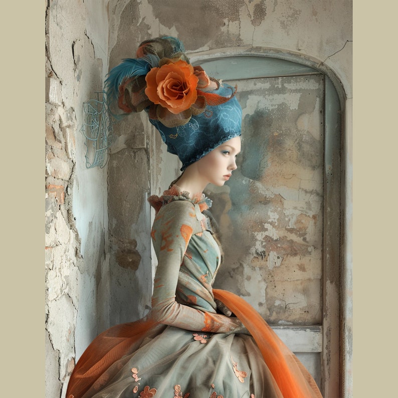 May include: A woman wearing a blue and orange hat with a large orange flower. She is wearing a long, flowing dress with a floral pattern. The background is a textured wall with a window.