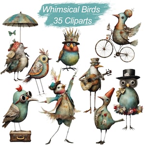 Lot de 35 oiseaux fantaisistes + feuilles imprimables - pour la fabrication de cartes DIY, un album de scrapbooking, un kit de journal indésirable, la réalisation de collages, un usage commercial !