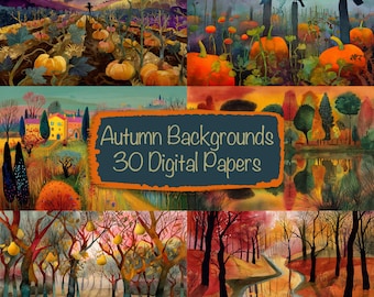 May include: A collection of watercolor digital papers featuring autumn scenes. The artwork includes pumpkin patches, trees with colorful foliage, and landscapes with crows. The text "Autumn Backgrounds 30 Digital Papers" is displayed on a blue and orange banner.