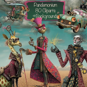 Puede incluir: Arte digital con temas steampunk, que muestra personajes y vehículos. Una jirafa con abrigo burdeos y gafas está cerca de una figura con abrigo rosa. La imagen incluye un coche turquesa y una máquina voladora, con el texto "Pandemonium 80 Cliparts + Backgrounds."