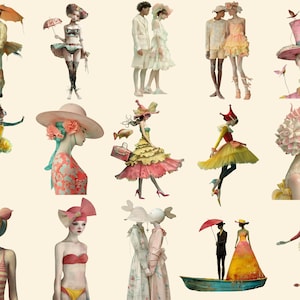 May include: A collage of whimsical illustrations featuring figures in various poses and attire. Some figures wear elaborate hats, while others hold umbrellas or carry accessories. The figures are depicted in a variety of settings, including a boat, a forest, and a garden. The overall theme of the collage is fantasy and imagination.