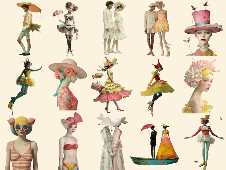 May include: A collage of whimsical illustrations featuring figures in various poses and attire. Some figures wear elaborate hats, while others hold umbrellas or carry accessories. The figures are depicted in a variety of settings, including a boat, a forest, and a garden. The overall theme of the collage is fantasy and imagination.