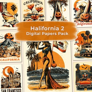 May include: A digital papers pack titled Halifornia 2 Digital Papers Pack featuring a collection of illustrations with California themes, pumpkins, Halloween imagery, palm trees, vintage vehicles, and coastal landscapes in orange, black, and white.