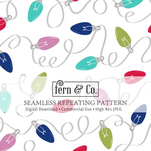 May include: A seamless repeating pattern featuring colourful light bulbs with white cords. The bulbs are in various colours, including red, pink, blue, green, and yellow. The text "fern & Co. Seamless Repeating Pattern Digital Download - Commercial Use - High Res JPEG" is at the bottom of the image.