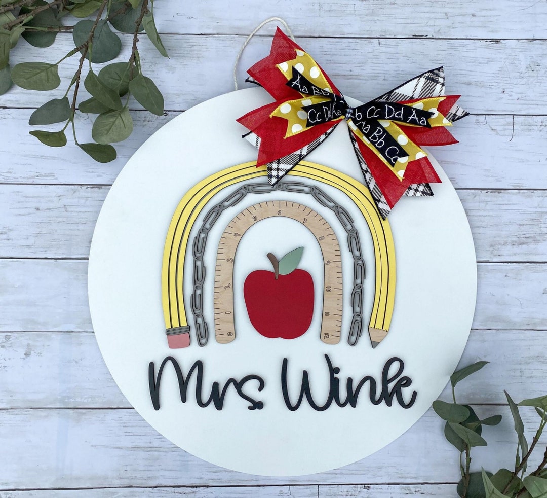 Personalized Teacher Door Hanger Teacher Name Sign Pencil Rainbow Door ...