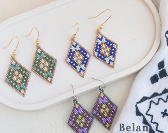 Diamond shaped earrings, Handwoven with beads, Elegant ethnic earrings, modern geometric earrings, Blue/Green/Violet/Grey, perfect mom gift