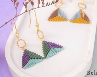 Colorful Triangle Earrings made with Miyuki seed beads, modern brass earrings with beads ,small hexagon, boho chic jewelry, geometric