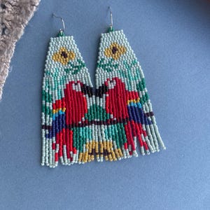 Tropical Parrot Statement Earrings – Handmade Beaded Bird Jewelry in Mint Green