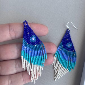 Starry blue night sky earrings, Long navy blue seed bead earrings, Celestial dangle earrings, Geometric earrings, boho jewelry, gift for her
