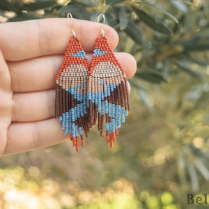 Boho Beaded Sunset Earrings – Earthy Landscape Fringe Earrings with Mountains – Handmade Brick Stitch Jewelry – Gift for Her