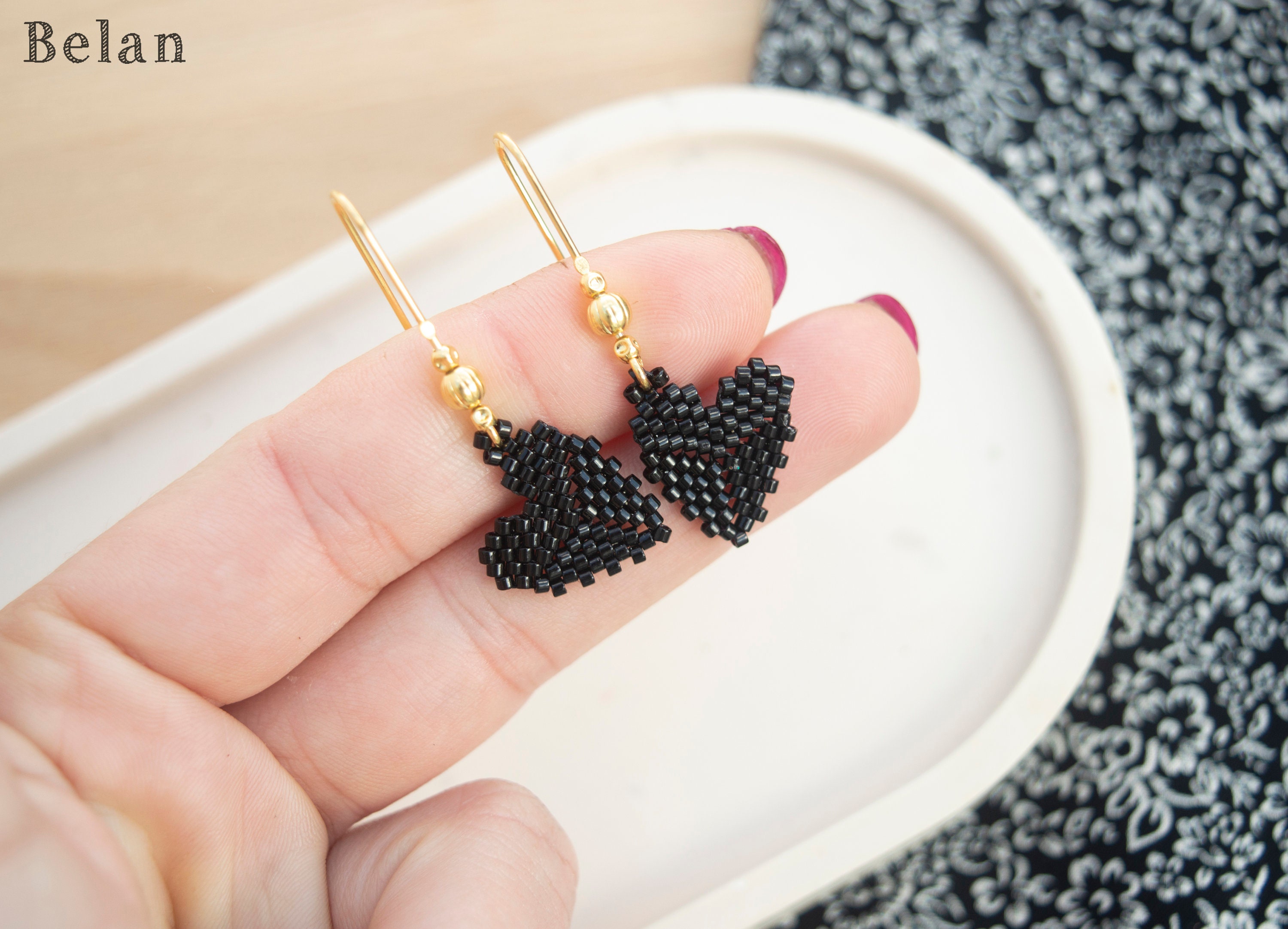 Black Heart earrings, Mother's day gift, dangle beaded heart earrings , Valentines day jewelry, Love earrings, handmade ,unique earrings
