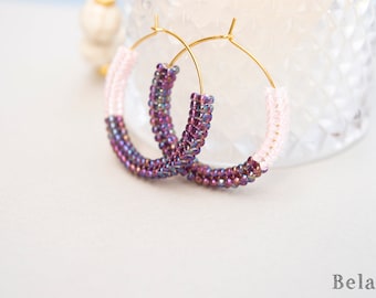 Princess pink and Rainbow Topaz, 30mm brass hoop earrings , seed bead earrings, statement hoop, Simple hoops, Summer trend , gift for her