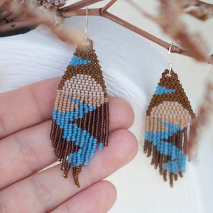 Seed bead sunset earrings,   Landscape beaded earrings with fringe, earthy earrings, boho beaded jewelry, mountains earrings, gift for her
