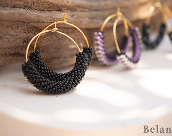 Black hoop earrings, beaded crochet earrings, Small brass hoop earrings , beadwork earrings, modern earrings, beaded jewelry, gift for her