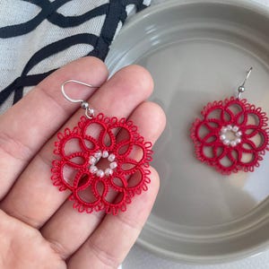 Red Frivolite Lace Earrings with White Beads – Handmade Tatting Jewelry, Lightweight Statement Earrings, Boho Chic Gift for Her