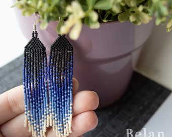 Boucles d’oreilles longues et sombres, boucles d’oreilles en pompon perlés, boucles d’oreilles à franges, boucles d’oreilles longues perlées, boucles d’oreilles géométriques, bijoux boho, cadeau pour femme