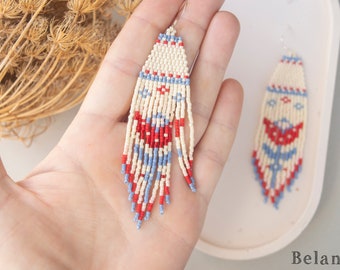 Folk flower earrings , Inspired by folk Scandinavian art, White, Red, Blue, Long modern earrings, Beaded fringe earrings, gift for her