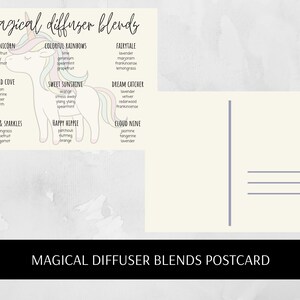 May include: A postcard with a unicorn illustration and a list of essential oil diffuser blends. The blends are categorized by name and include a list of essential oils for each blend. The postcard has a blank space for writing a message.