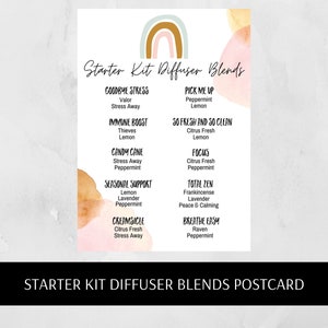 May include: A postcard with a rainbow graphic and text that reads "Starter Kit Diffuser Blends". The postcard lists different diffuser blends with their corresponding essential oil names.