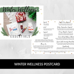 Könnte beinhalten: Winter Wellness Essentials Postkarte mit grünem und goldenem Hintergrund. Die Postkarte zeigt eine Flasche Thieves-Ätherisches Öl, eine Flasche Zitronen-Ätherisches Öl, einen Behälter mit Thieves-Tabletten und eine Flasche NingXia Red. Die Postkarte enthält auch Text über die Verwendung von ätherischen Ölen zur Unterstützung des Immunsystems, zur Unterstützung von Husten und Nebenhöhlen, zur Unterstützung der Körpertemperatur, zur Unterstützung der Verdauung, zur Stärkung des Immunsystems und zum Epsom-Salz-Immunitäts-Boost-Bad.