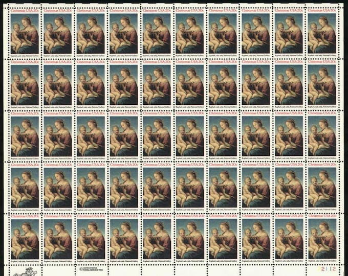 1983 Madonna and Child Sheet of Fifty 20-Cent US Christmas Postage Stamps