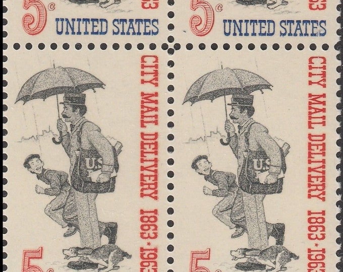 1963 City Mail Delivery Centennial Block of Four 5-Cent US Postage Stamps Mint Never Hinged