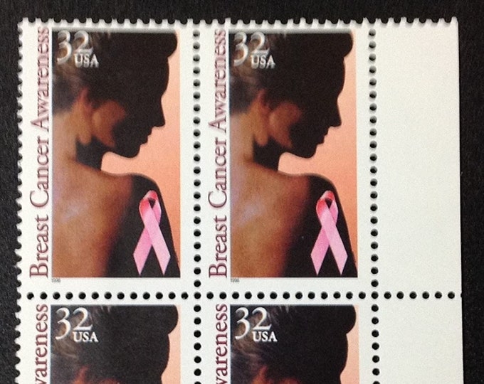 Breast Cancer Plate Block of Four 32-Cent United States Postage Stamps Issued 1996