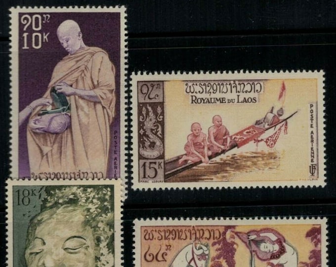 Buddhism Set of Four Laos Air Mail Postage Stamps Issued 1957