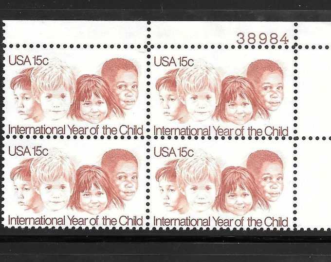 1979 International Year of the Child Plate Block of Four 15-Cent US Postage Stamps Mint Never Hinged