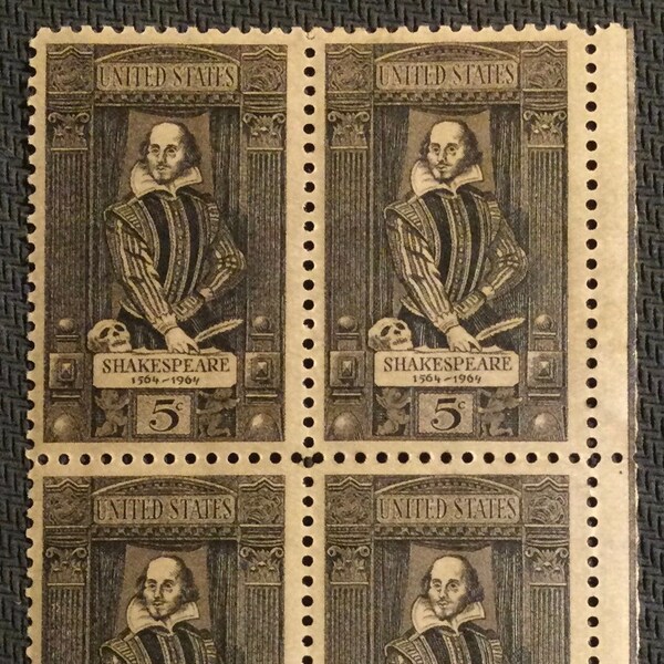 1964 William Shakespeare Plate Block of Four 5-Cent United States Postage Stamps