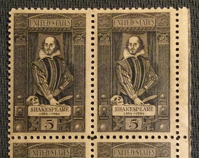 1964 William Shakespeare Plate Block of Four 5-Cent United States Postage Stamps
