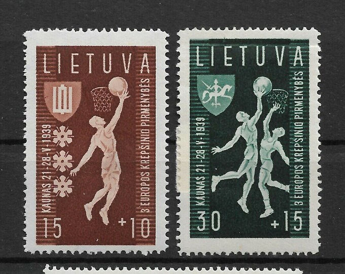 Basketball Set of Three Collectible Lithuanian Postage Stamps Issued 1939