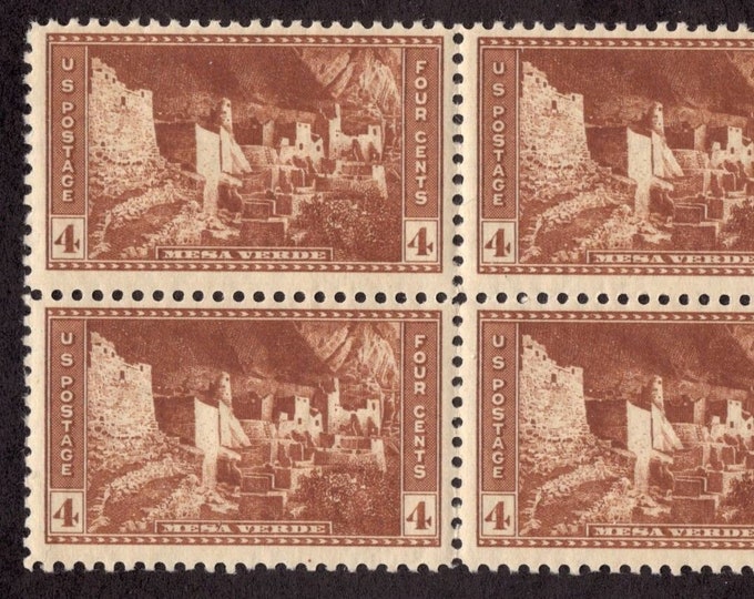 Mesa Verde National Park Block of Four 4-Cent United States Postage Stamps Issued 1934