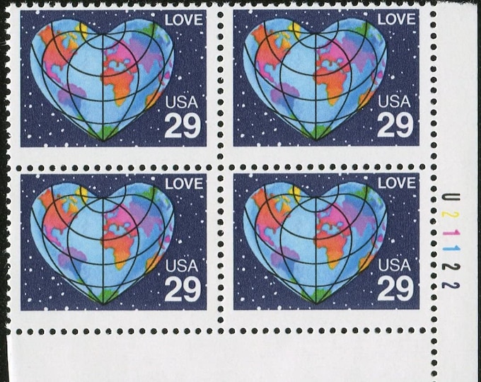 Love Heart Globe Plate Block of Four 29-Cent United States Postage Stamps Issued 1991